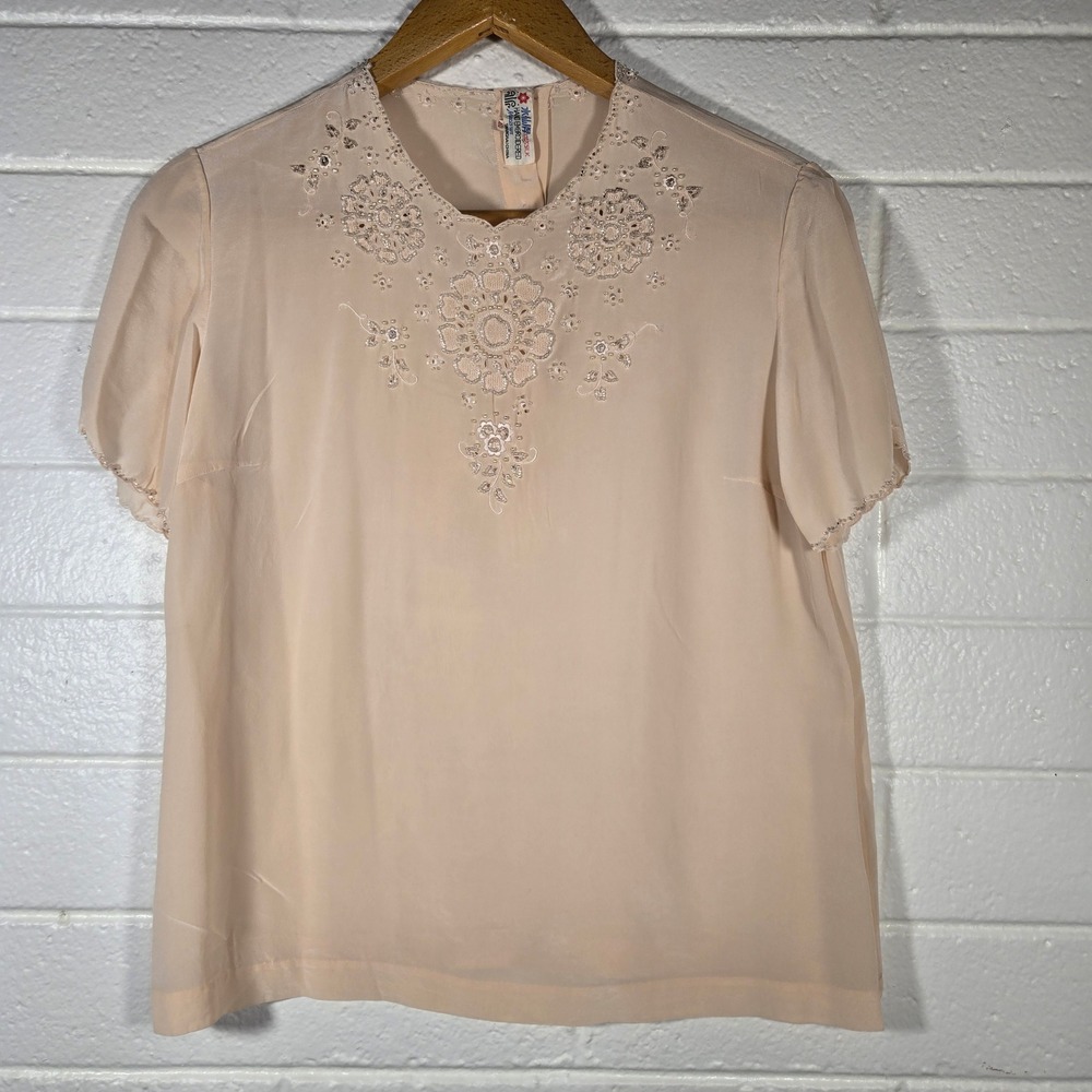 Vtg Delicate Beaded 100% Silk Blouse Top Medium Embroidered Feminine Fairy Sheer